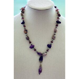 Amethyst & Purple Stone Beaded Necklace With Silver Accents Dangling Pendant & A
